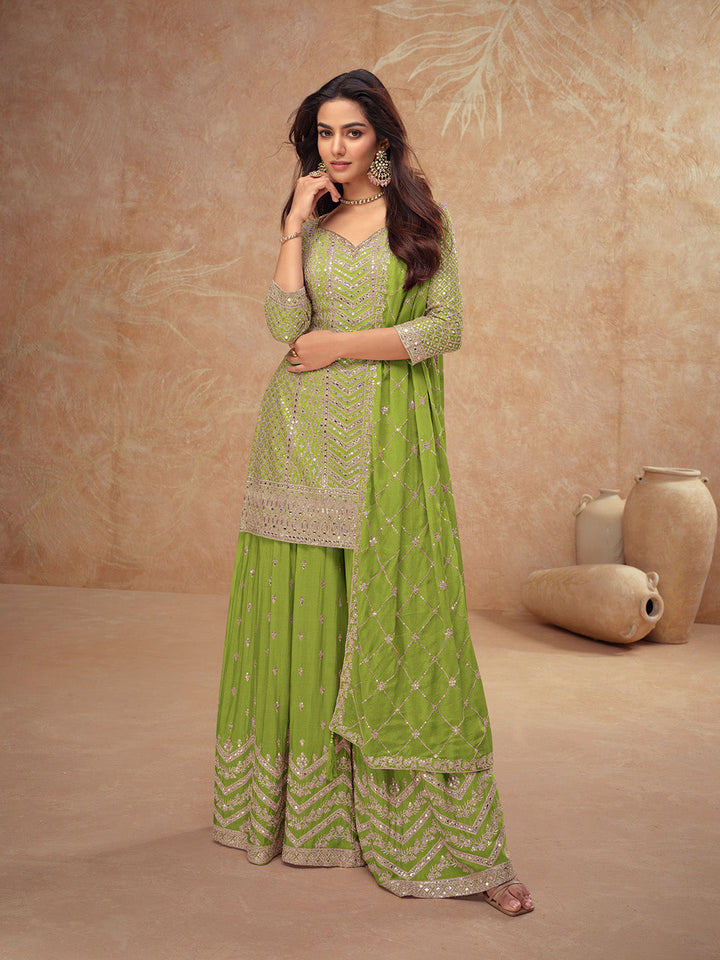 Embroidered Chinon Kurta With Plazzo &amp; Dupatta