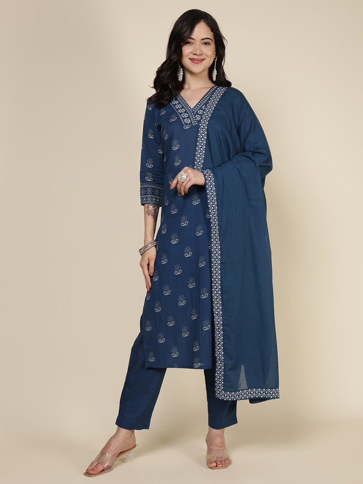 Printed Cotton Blend Kurta With Pants &amp; Dupatta