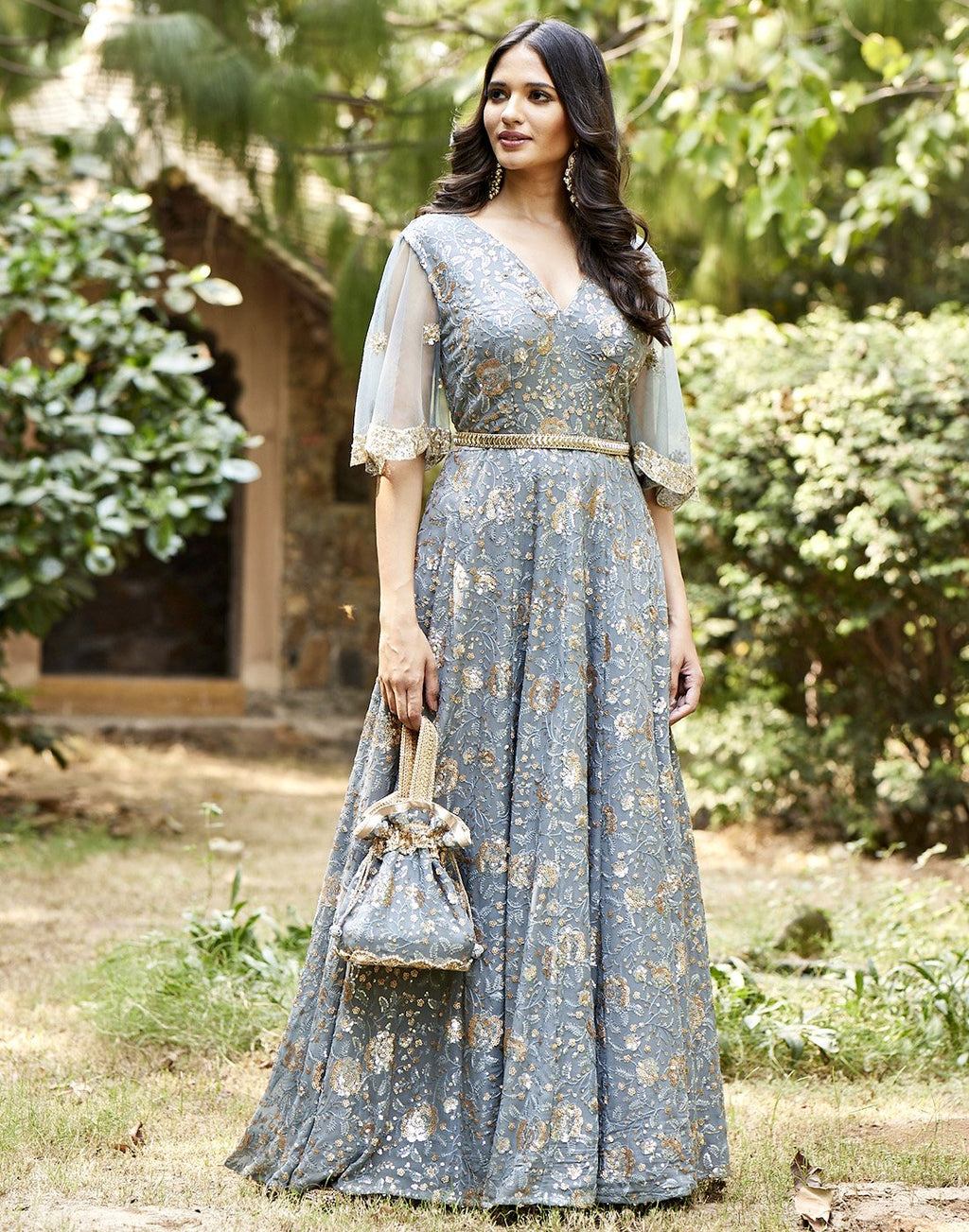MBZ Meena Bazaar-Grey Georgette Long Dress