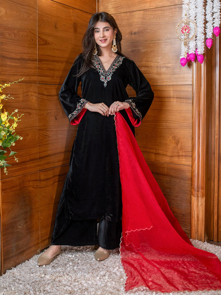Embroidered Velvet Kurta With Pants &amp; Dupatta