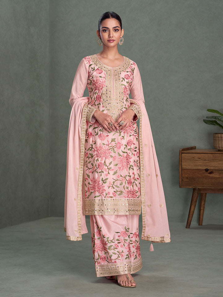 Embroidered Chinon Silk Kurta With Plazzo &amp; Dupatta