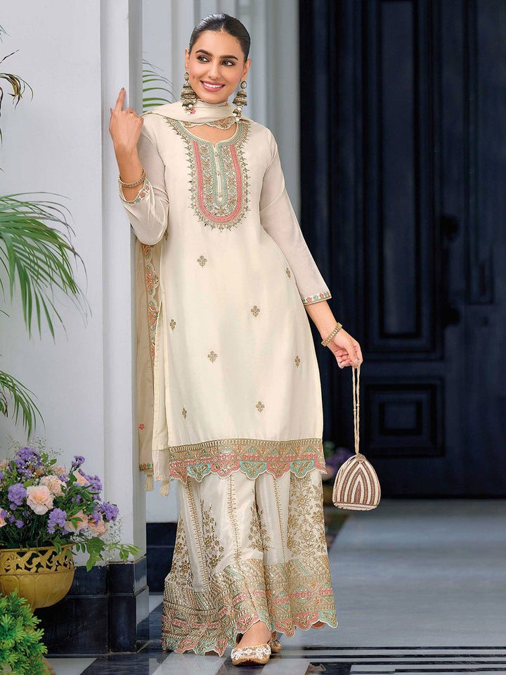 Embroidered Chinon Kurta With Plazzo &amp; Dupatta