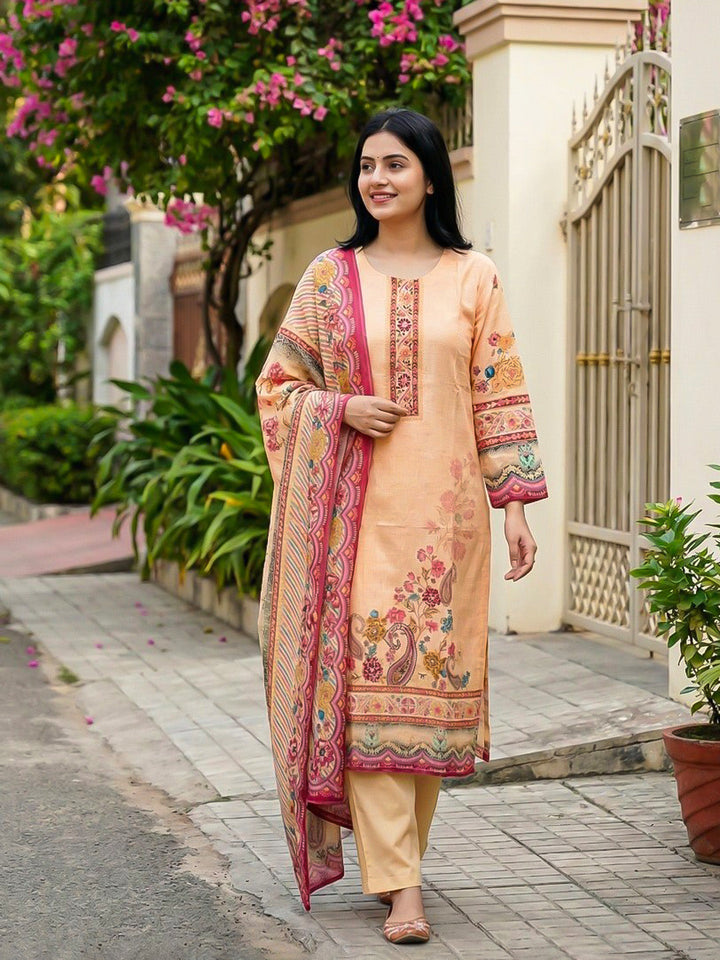 Orange Printed Cotton Blend Straight Suit Set With Dupatta