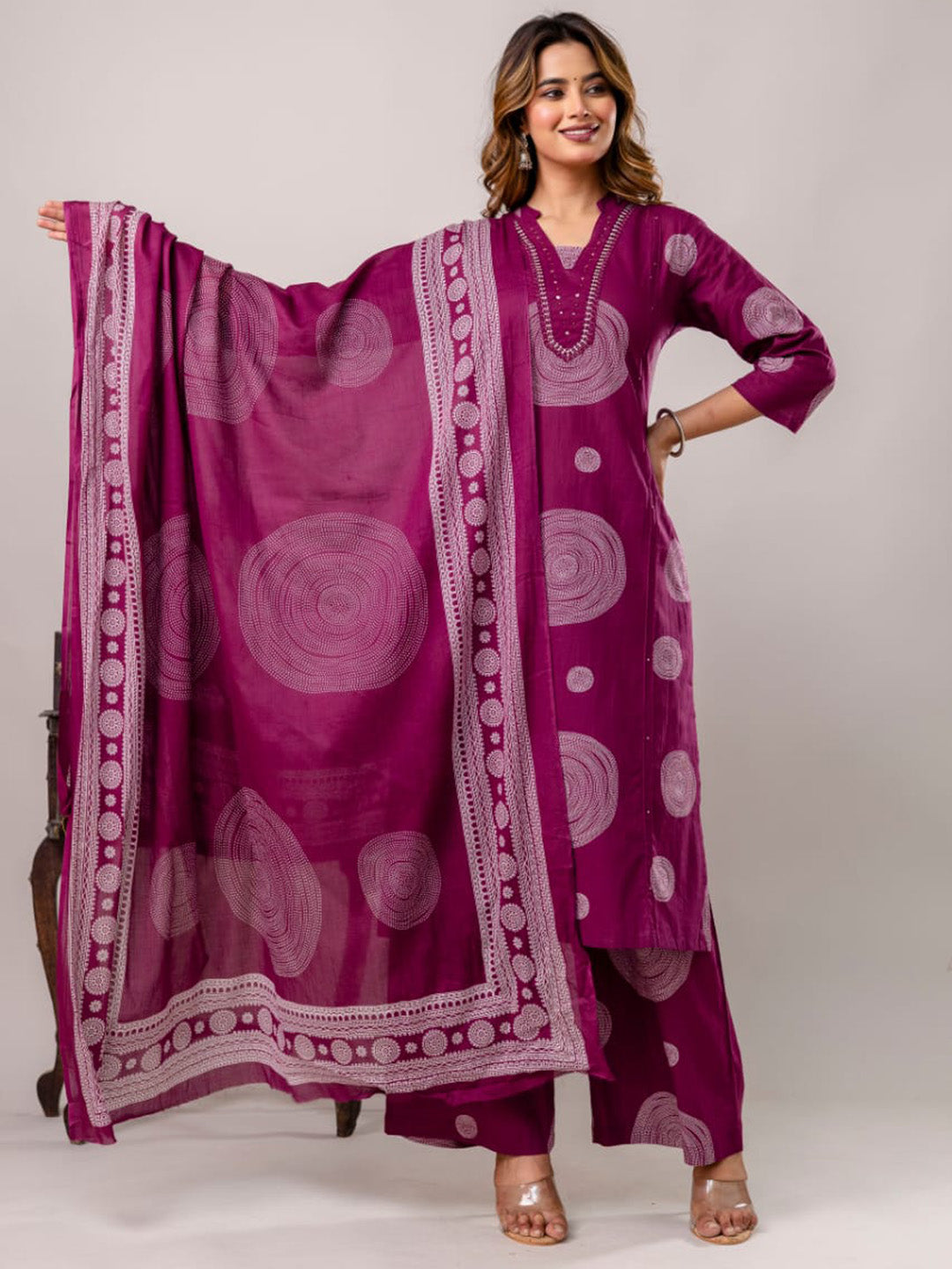 Purple Cotton Blend Printed Straight Suit Set