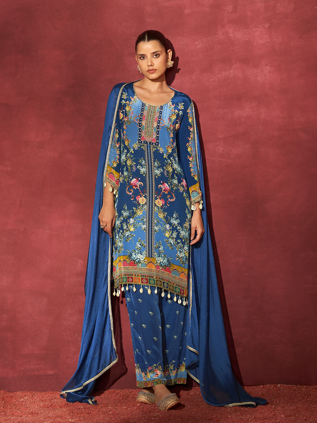 Neck Embroidery Muslin Kurta With Pants &amp; Dupatta