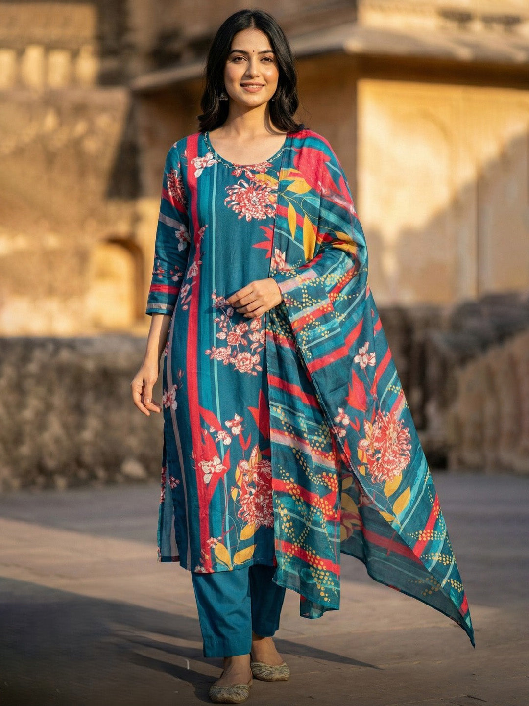 Printed Cotton Blend Kurta With Pant &amp; Dupatta