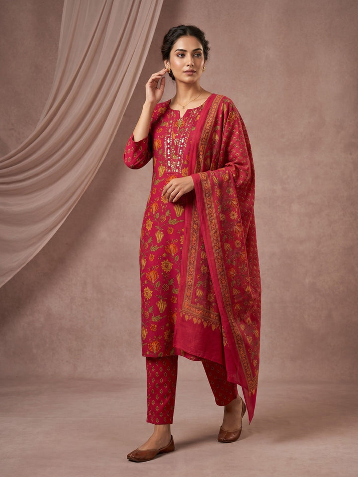 Red Embroidered Cotton Blend Straight Round Neck Suit Set