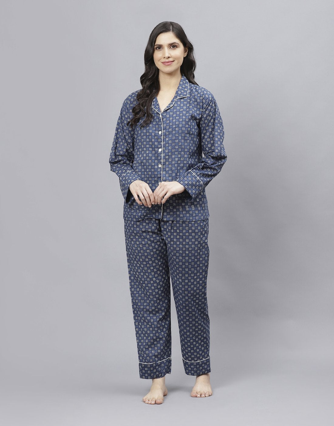 Navy Blue Cotton Printed Comfort Wear