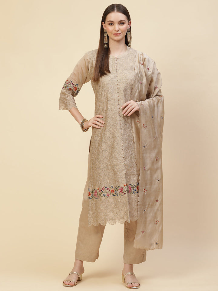 Zari Embroidered Cotton Kurta With Pants &amp; Dupatta