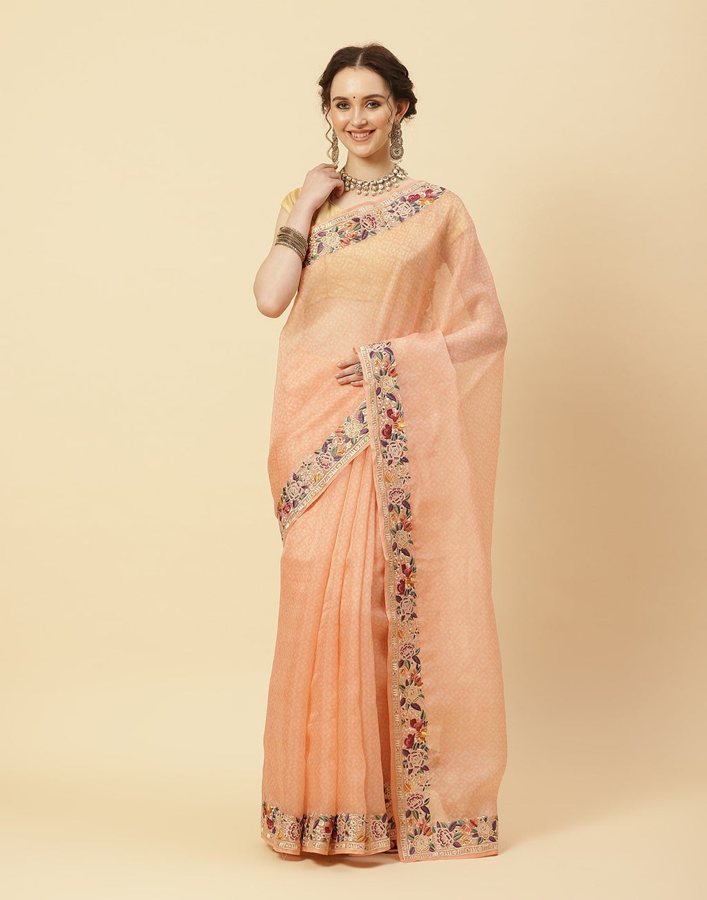 Printed Organza Kora Saree With Embroidered Border