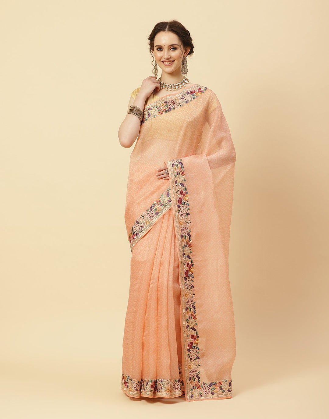 Printed Organza Kora Saree With Embroidered Border