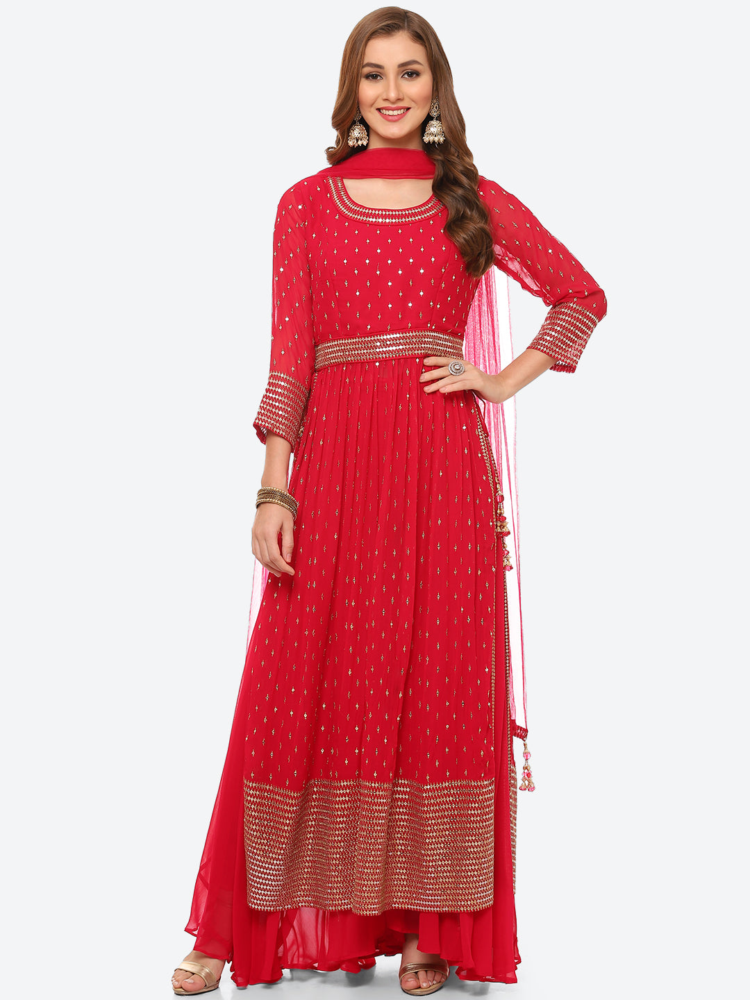 Sequin Work Georgette Kurta With Palazzo &amp; Net Dupatta