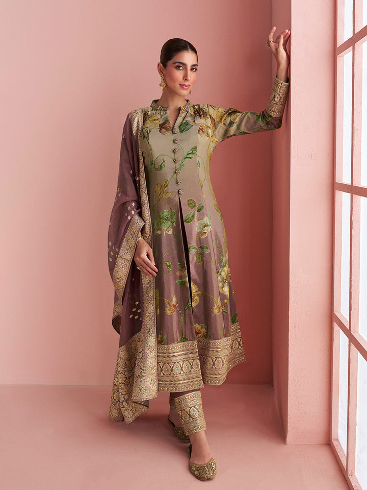 Embroidered Silk Suit With Pant &amp; Dupatta