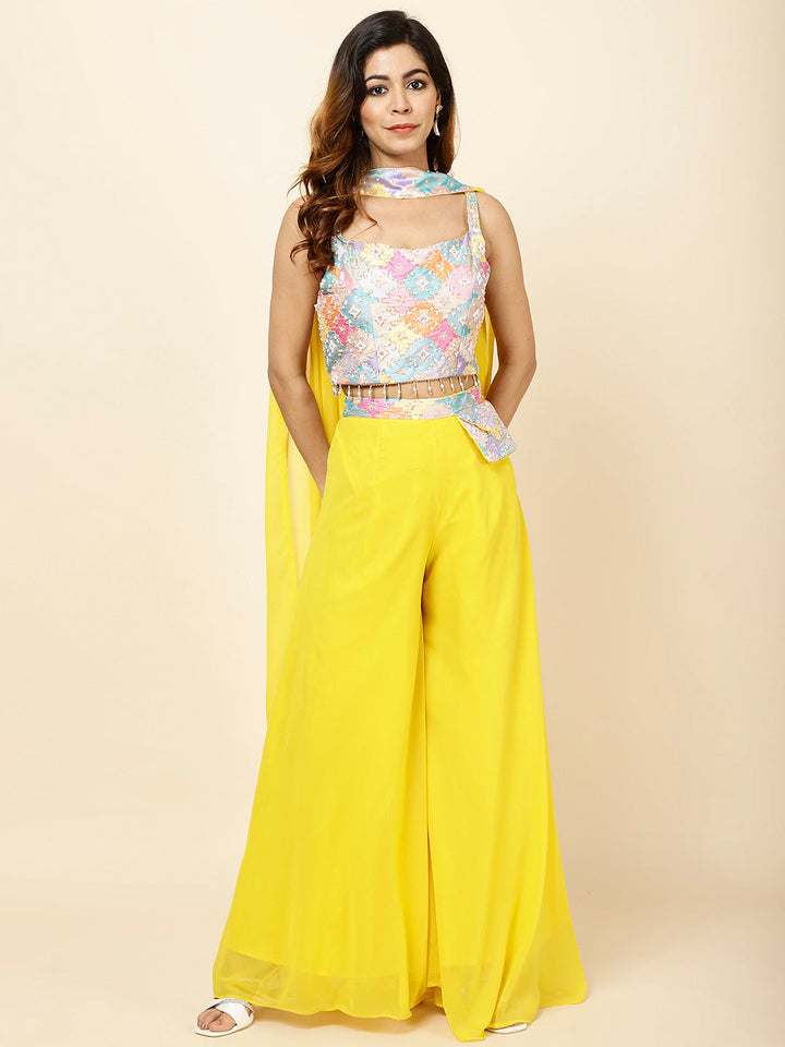 Neck Embroidered Georgette Crop Top With Palazzo &amp; Dupatta
