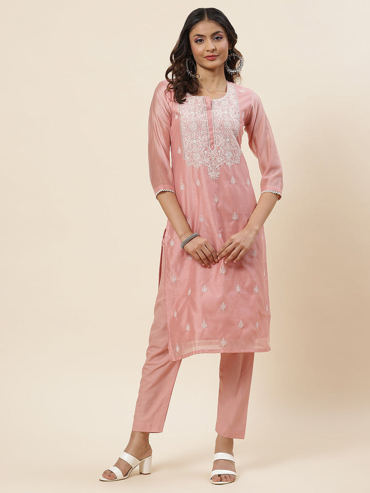 Embroidered Chanderi Kurta With Pants