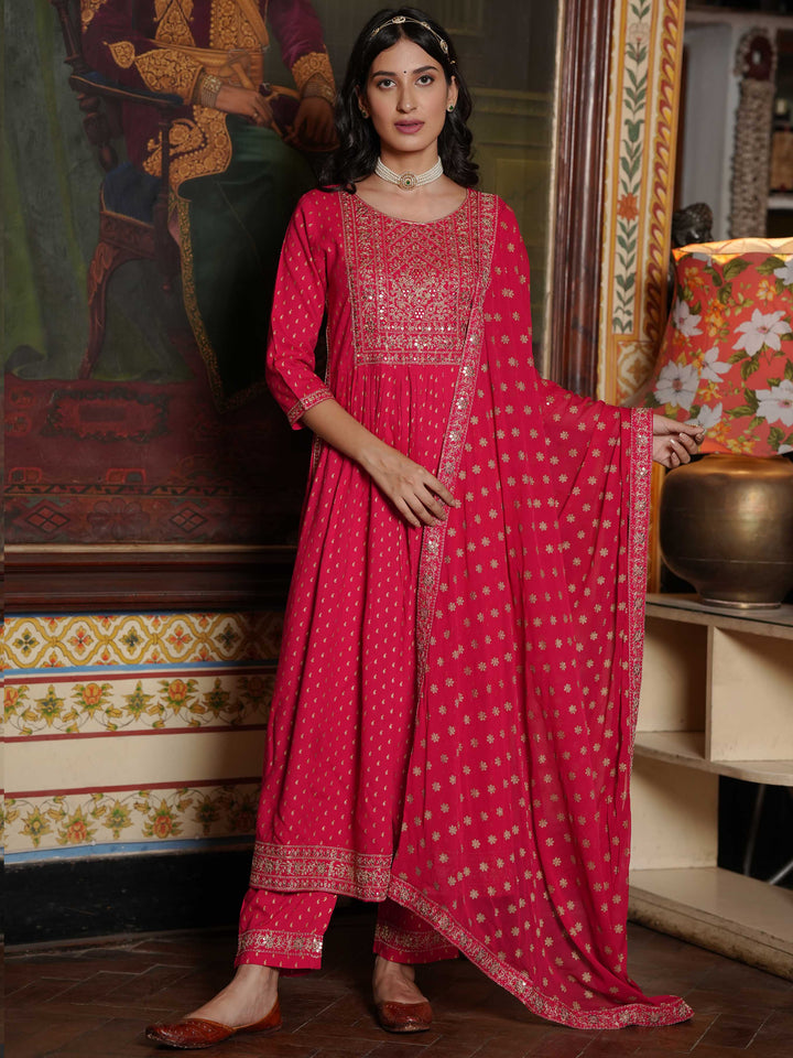 Neck Embroidered Cotton Kurta With Palazzo &amp; Dupatta