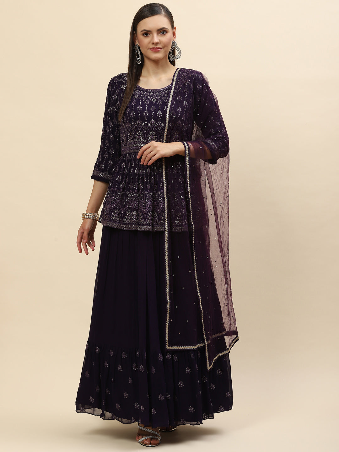 Sequin Embroidered Georgette Peplum Choli With Lehenga &amp; Dupatta