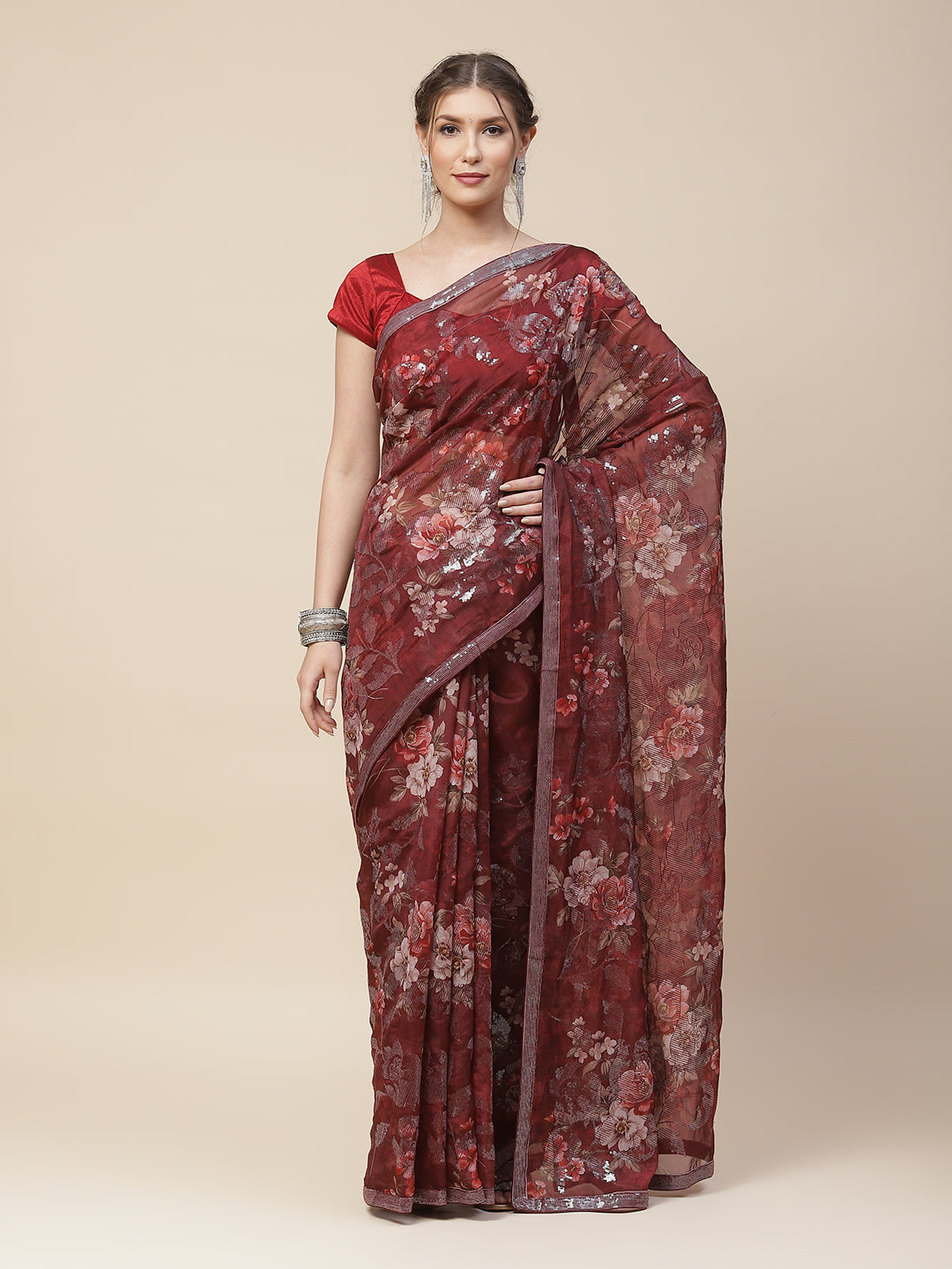 Floral Digital Printed Sequence Organza Saree