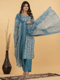 Light Blue Embroidered Cotton Blend Straight Suit Set With Dupatta
