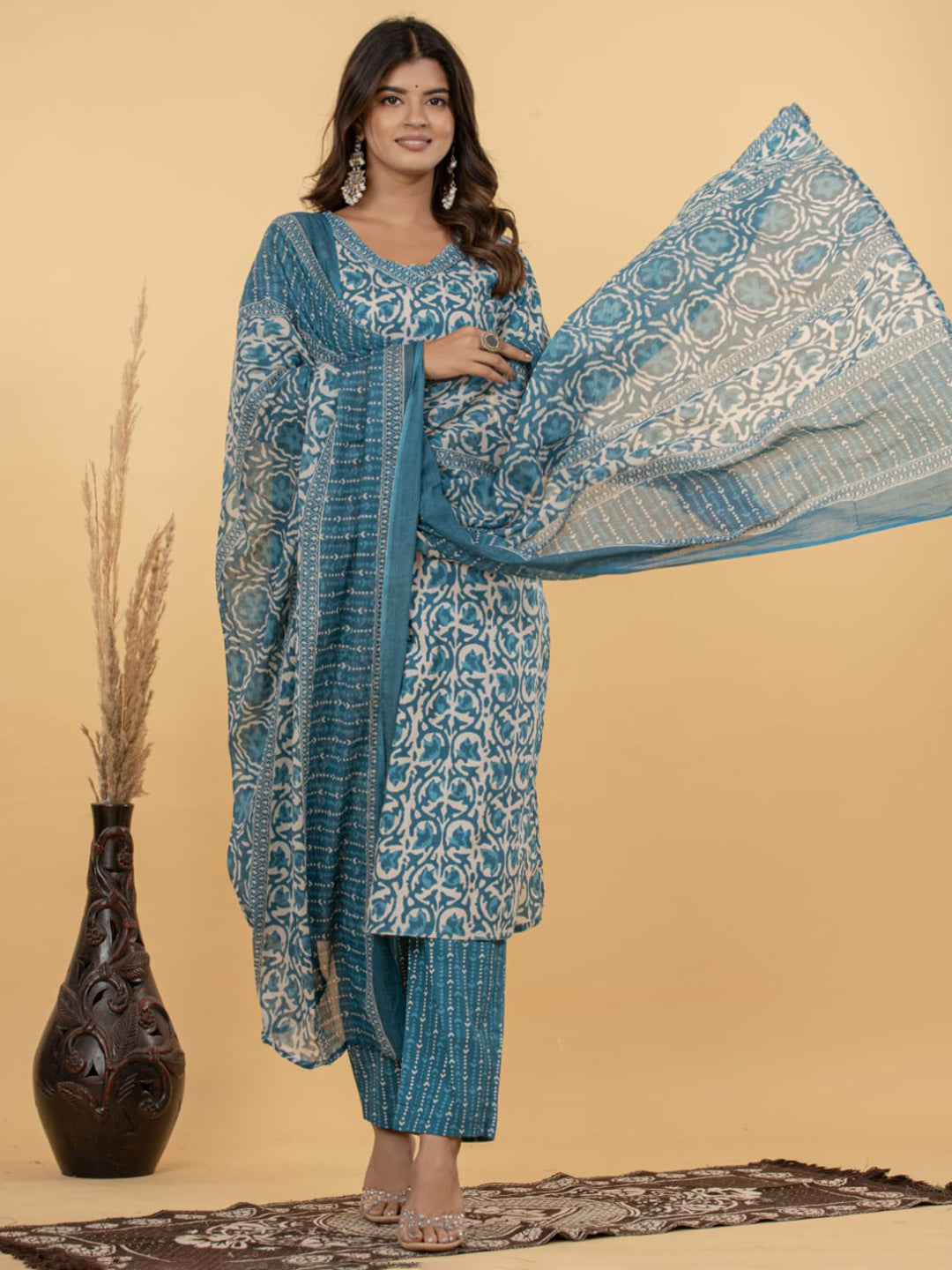 Light Blue Embroidered Cotton Blend Straight Suit Set With Dupatta