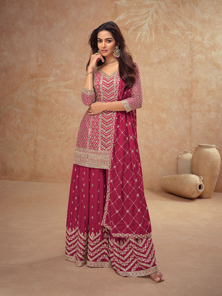 Embroidered Chinon Kurta With Plazzo &amp; Dupatta