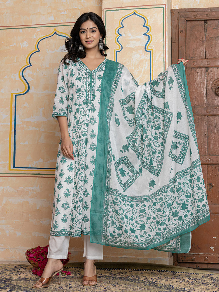 Printed Cotton Blend Kurta With Pants &amp; Dupatta