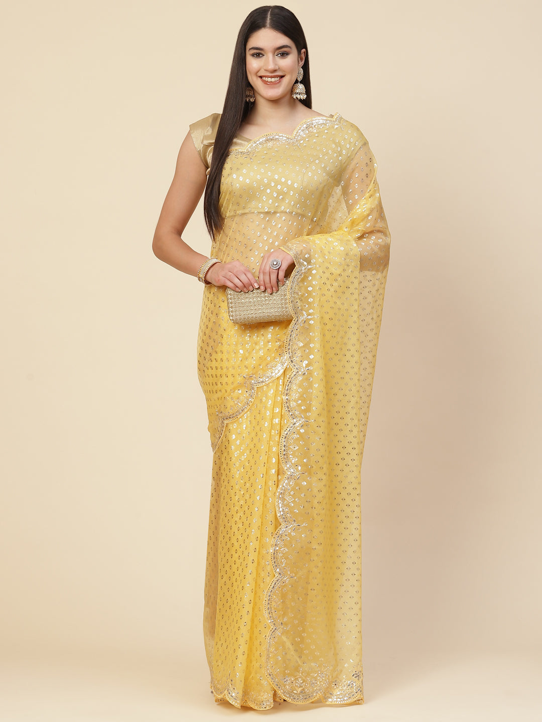 Mirror Work Embroidered Organza Saree
