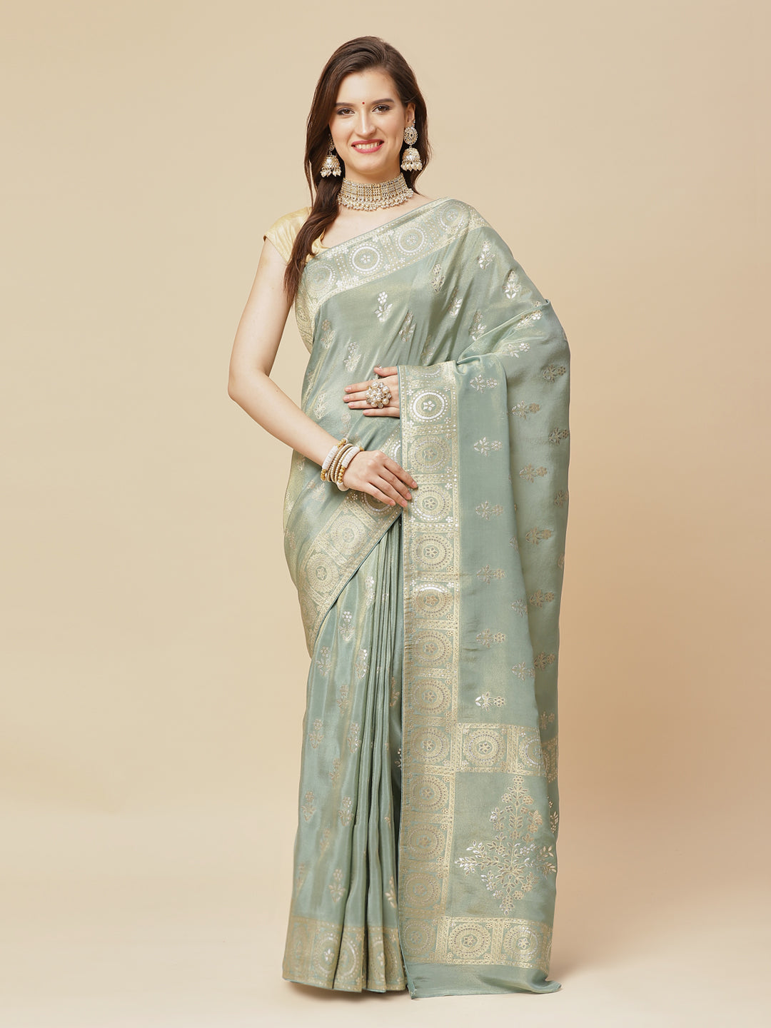 Zari Border Booti Banarasi Woven Saree