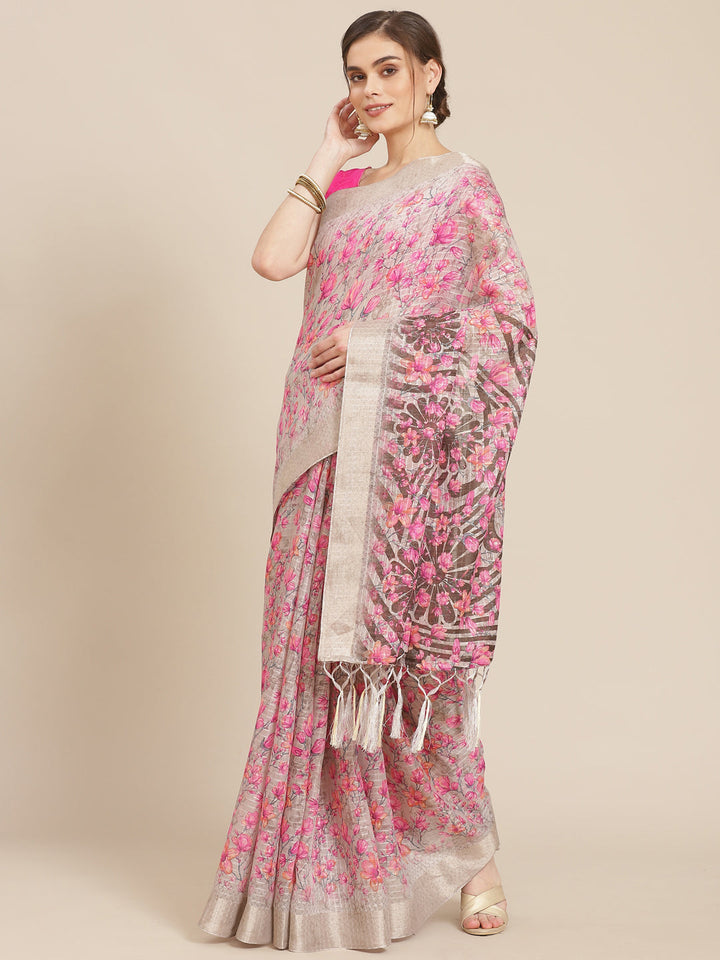 Digital Floral Printed With Zari Border Cotton Saree