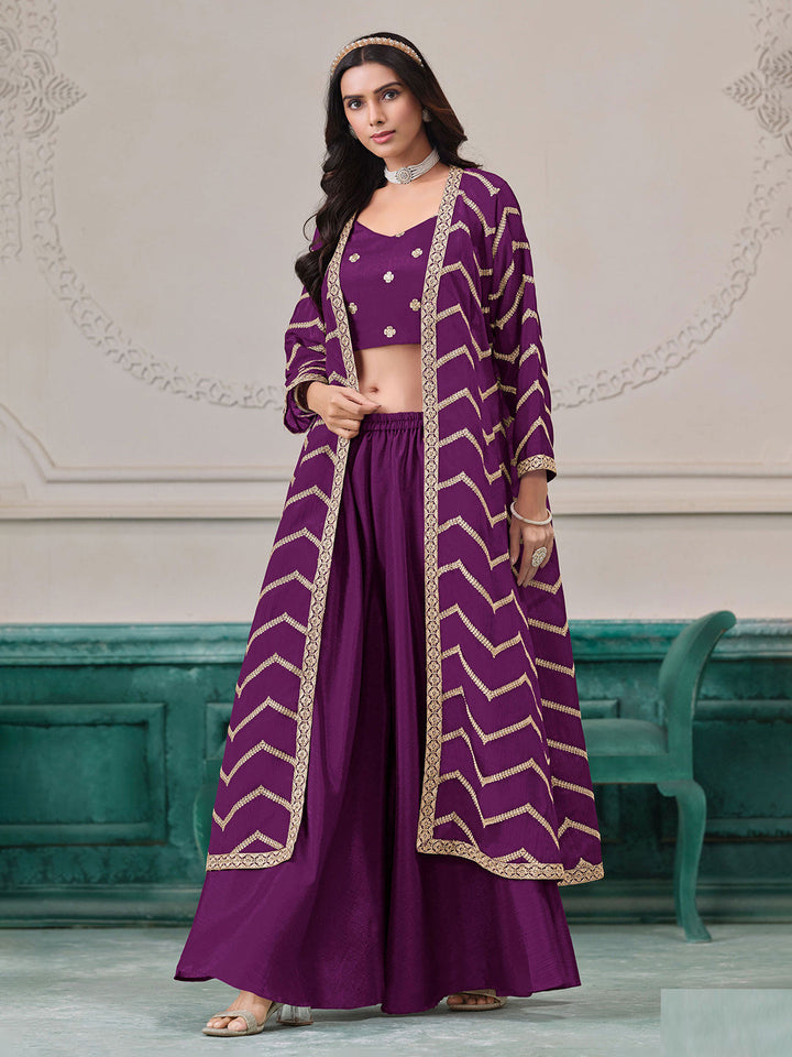 Embroidered Chinnon Choli With Plazzo &amp; Jacket