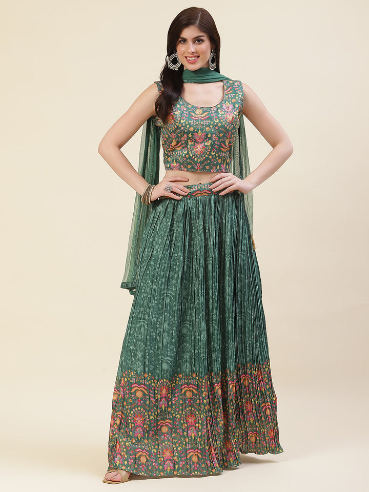 Floral Printed Crepe Choli With Lehenga &amp; Dupatta