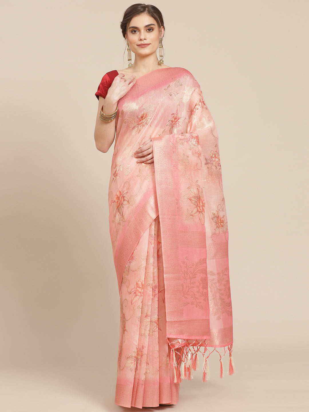 Digital Floral Printed Banarasi Pallu Cotton Chanderi Saree