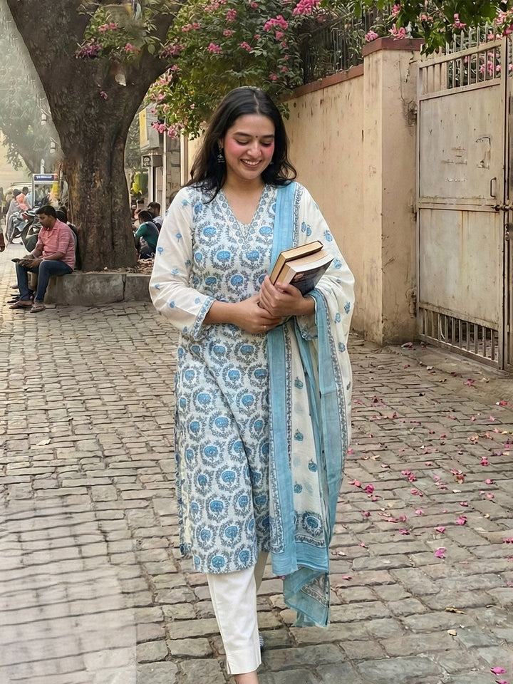 Blue Printed Cotton Blend Straight Suit Set With Dupatta