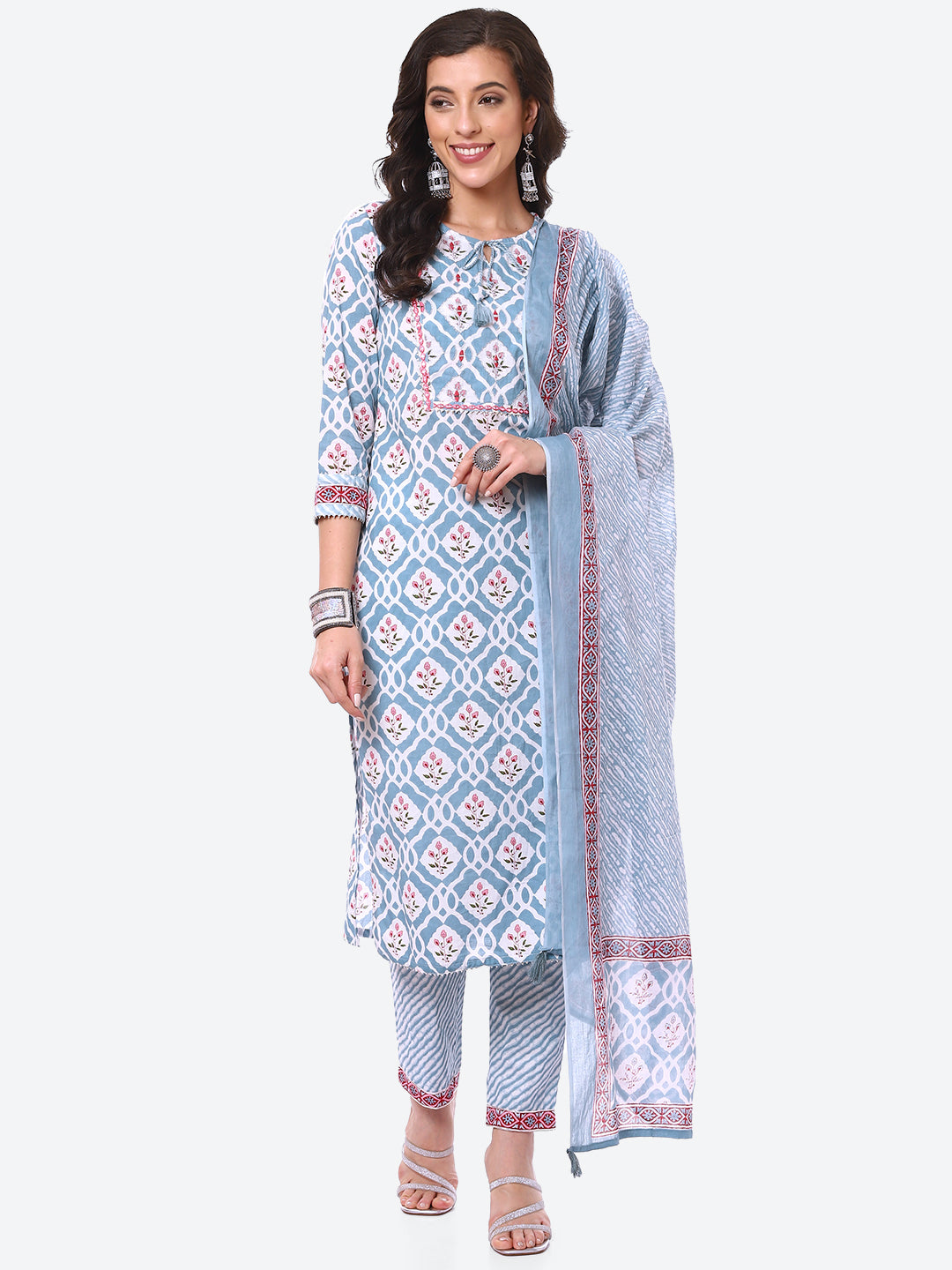 Floral Booti Printed Cotton Kurta With Pant &amp; Dupatta