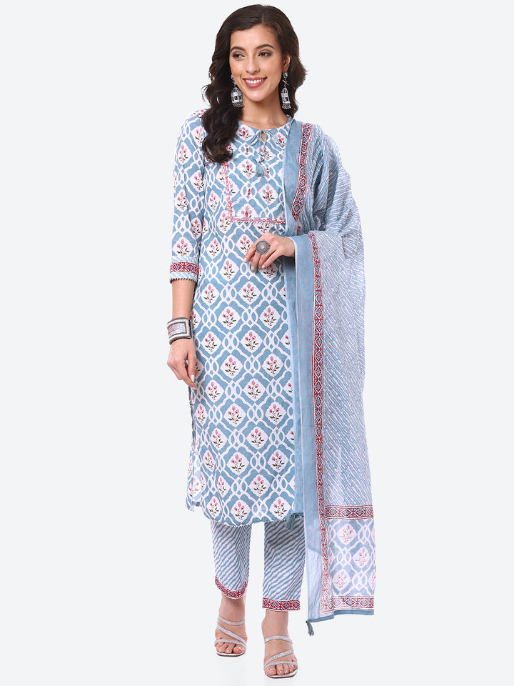 Floral Booti Printed Cotton Kurta With Pant &amp; Dupatta