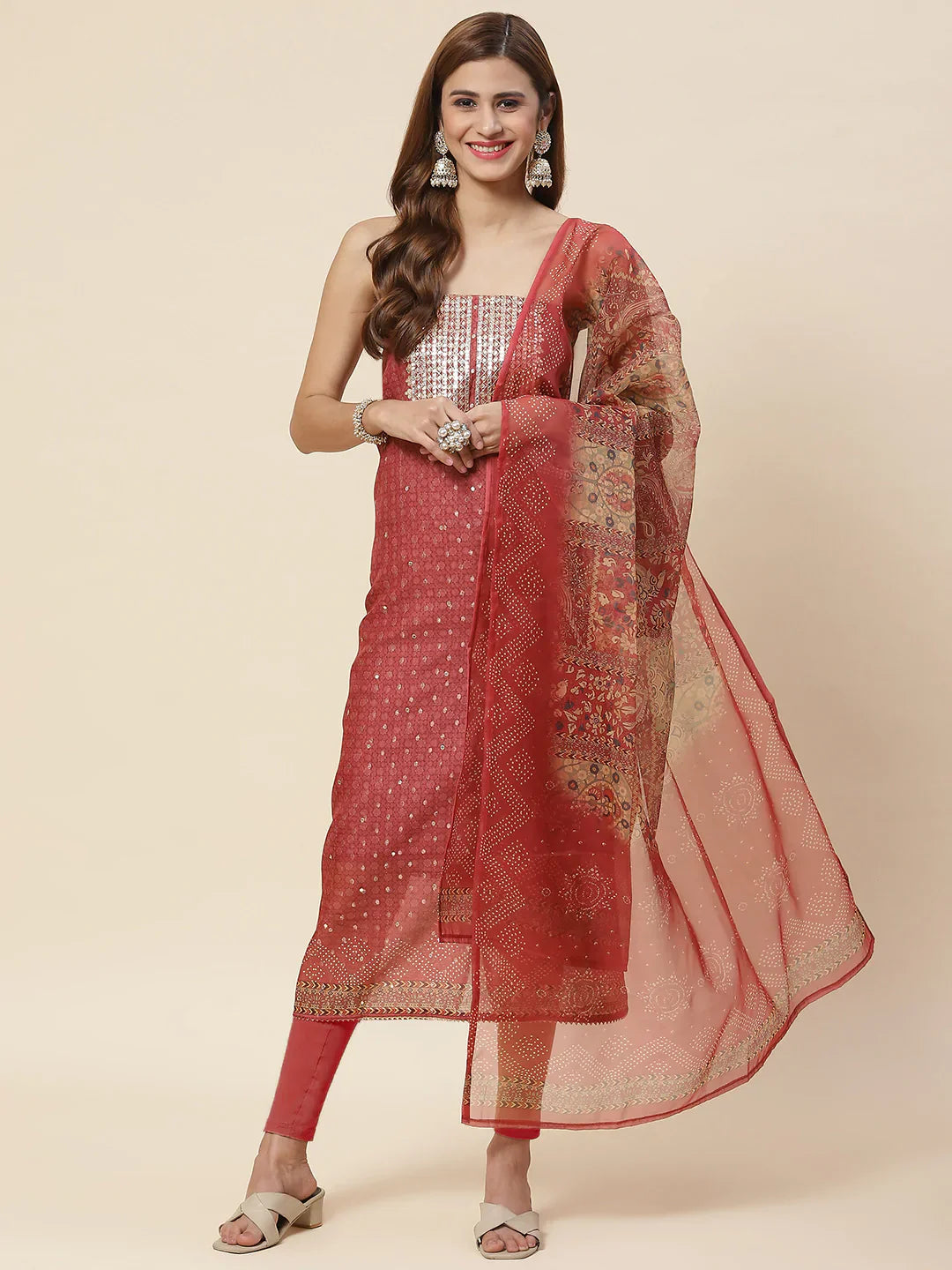 Neck Embroidered &amp; Printed Chanderi Unstitched Suit Piece With Dupatta