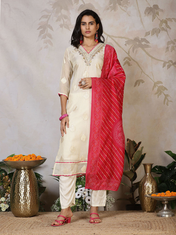 Banarasi Weave Tissue Kurta With Pants &amp; Dupatta