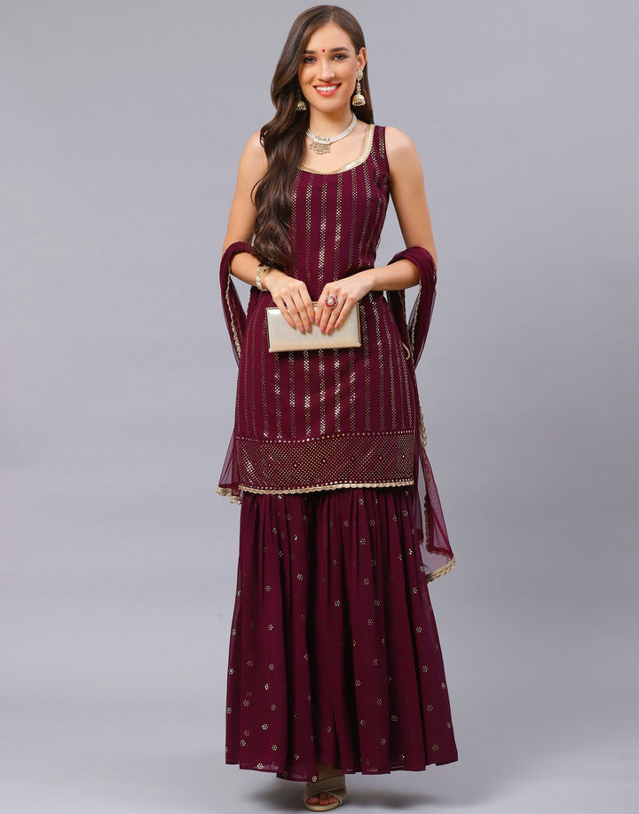 Wine Georgette Salwar Kameez Stitched Suit