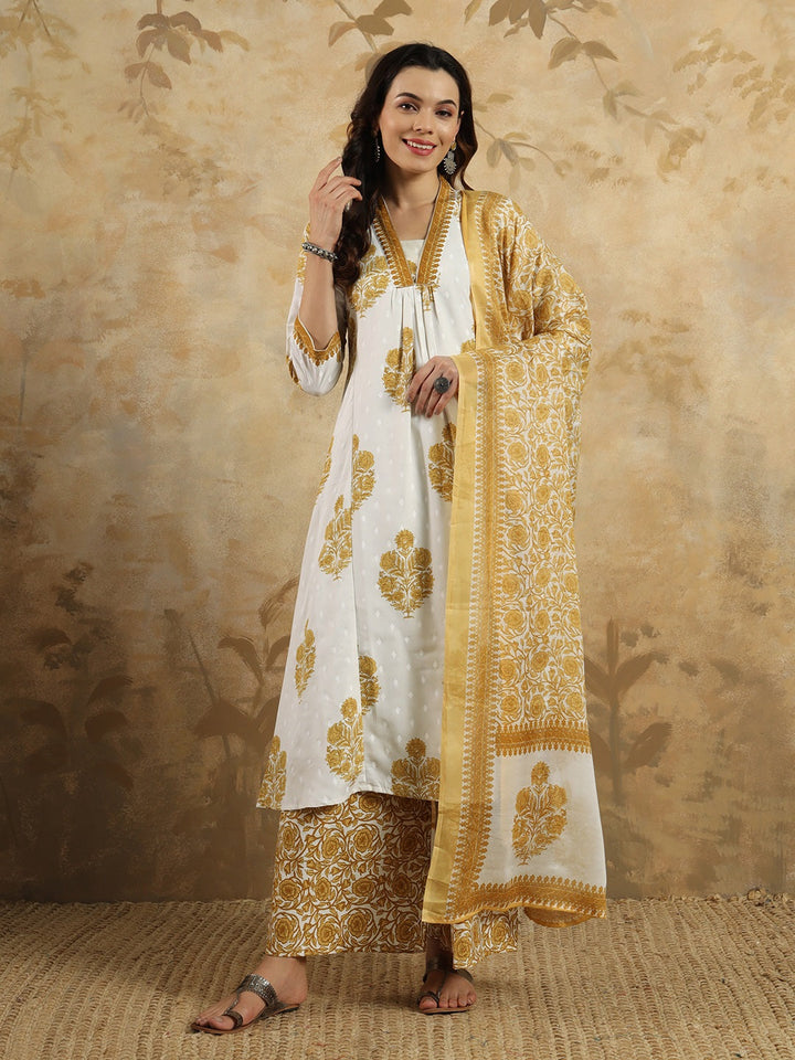 Neck Embroidery Cotton Blend Kurta With Pants &amp; Dupatta