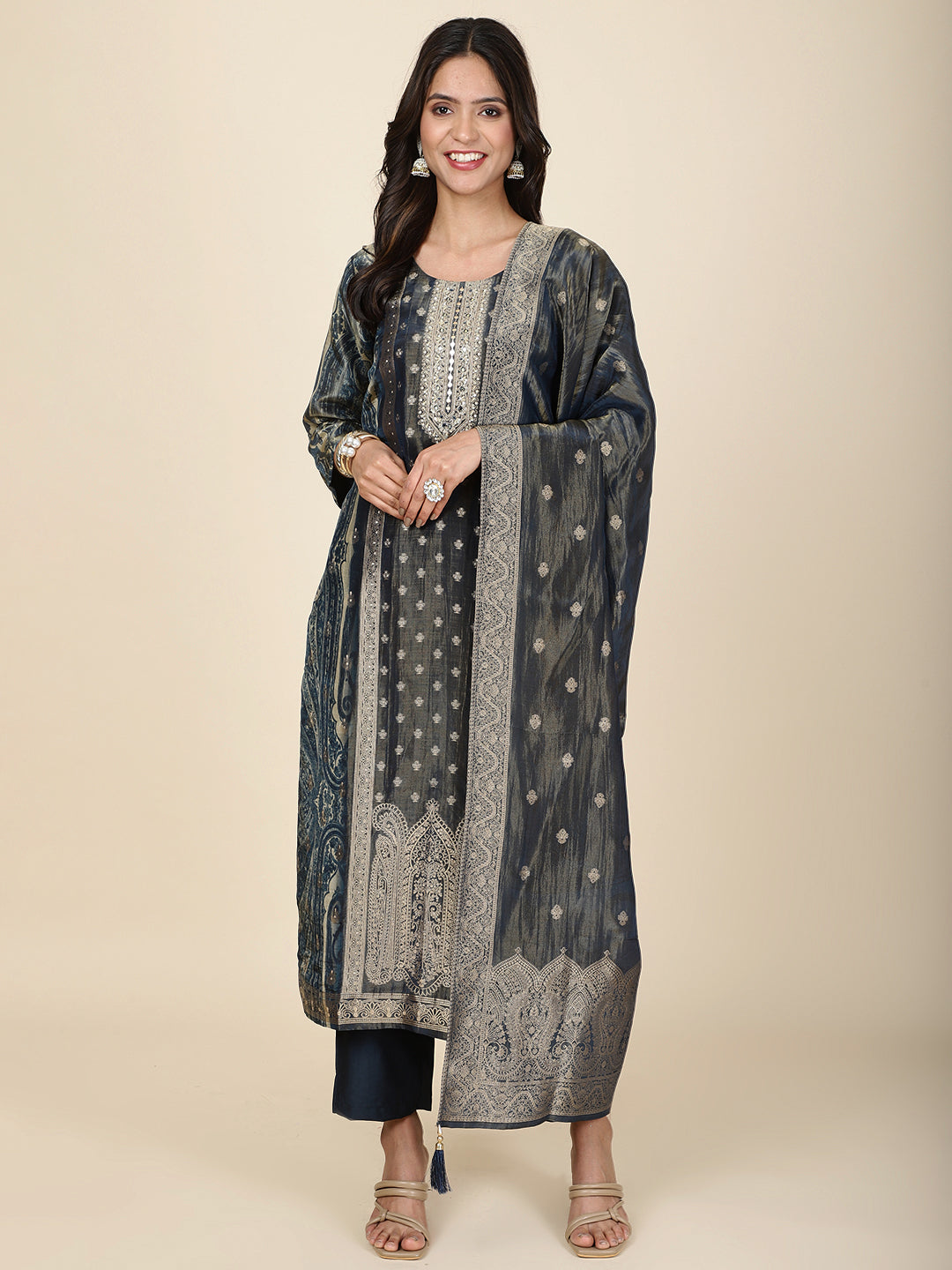 Neck Embroidery Tissue Kurta With Pants &amp; Dupatta