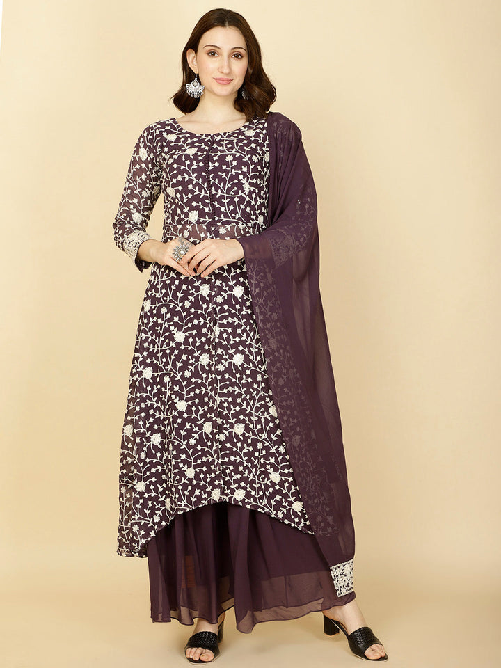 Resham Embroidery Georgette Kurta With Sharara &amp; Dupatta
