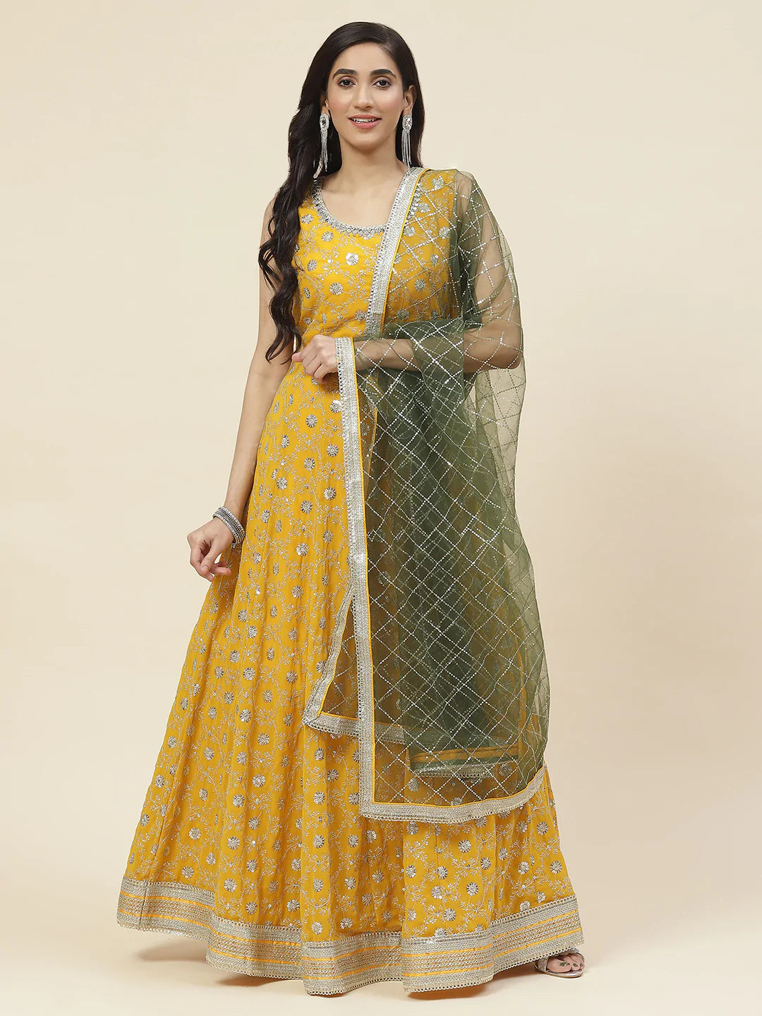 Sequin Embroidered Georgette Kurta With Dupatta