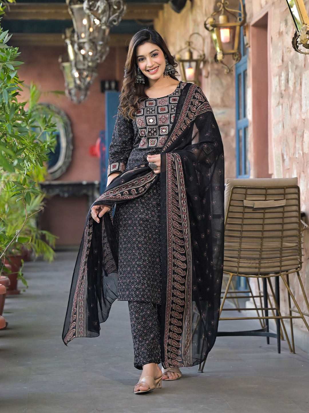 Printed Cotton Blend Kurta With Pants &amp; Dupatta
