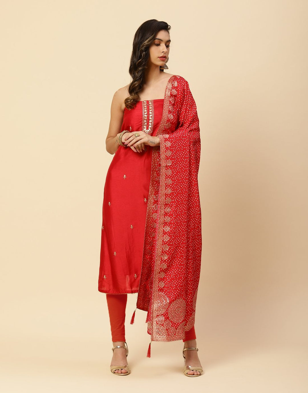 Embroidered Art Handloom Suit Piece With Leheriya Dupatta