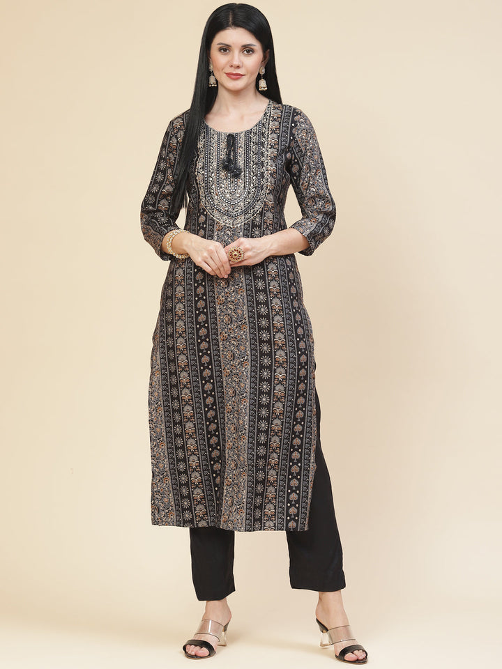 Neck Embroidered &amp; Printed Muslin Kurta With Pants