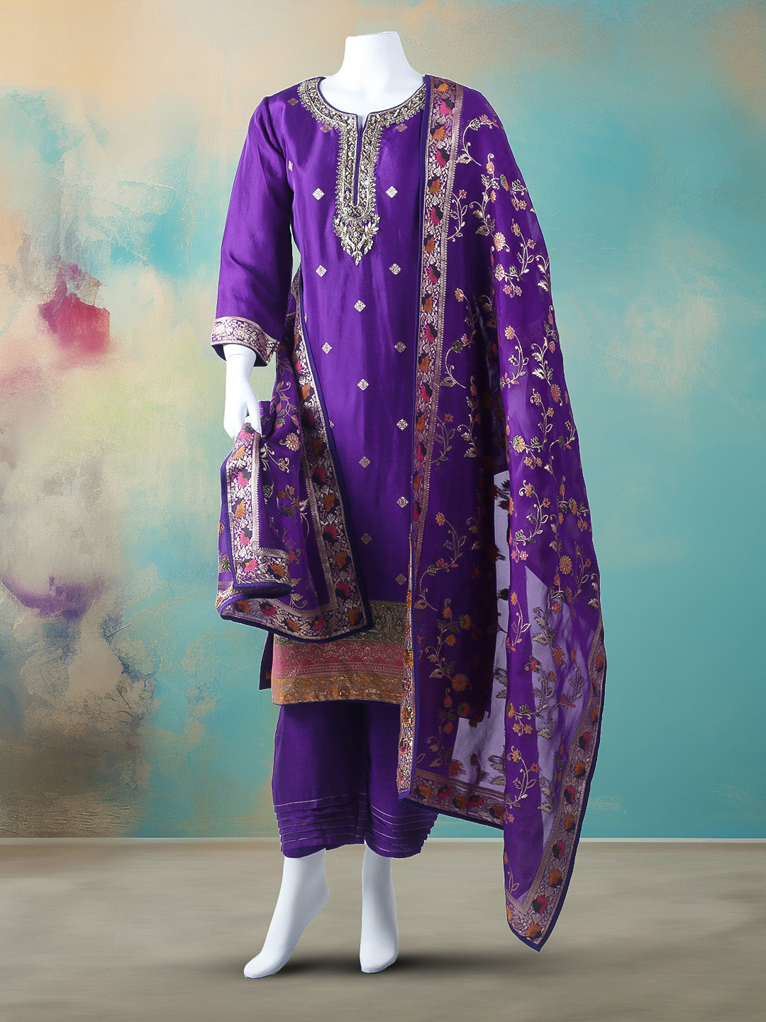 Embroidered Cotton Blend Stitched Kurta With Pant &amp; Dupatta