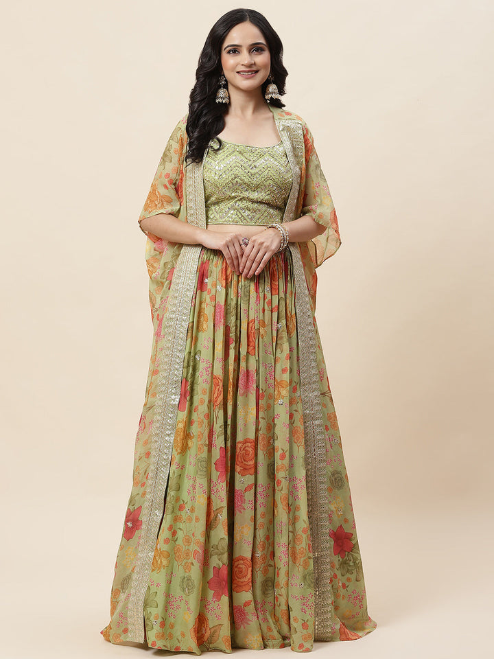 Floral Printed Organza Choli With Lehenga &amp; Cape