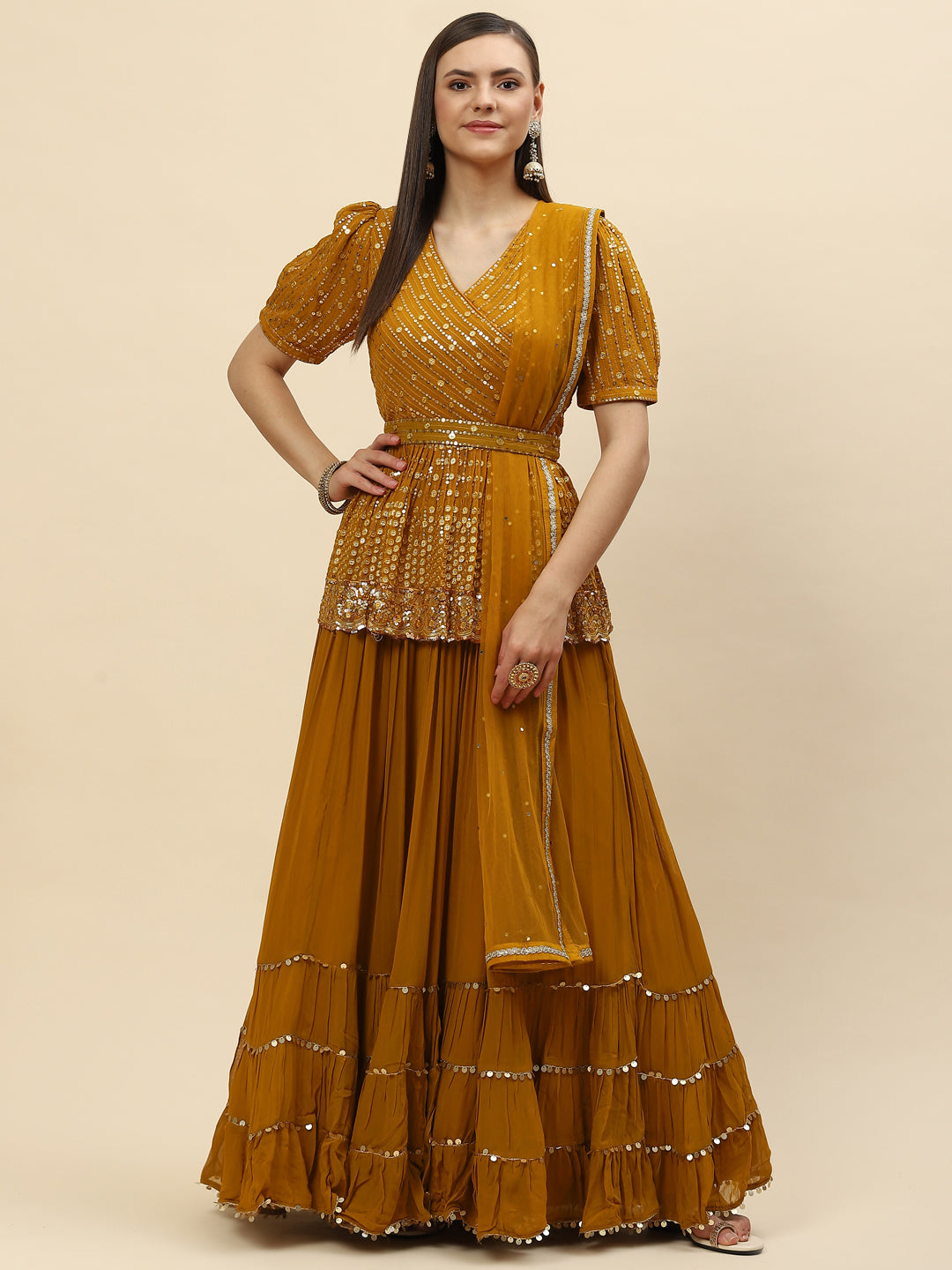 Sequin Embroidered Georgette Peplum Choli With Lehenga &amp; Dupatta