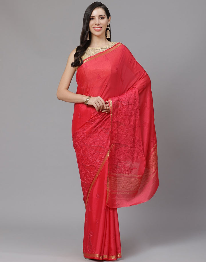 Thread Work Semi Crepe Saree With Zari Border