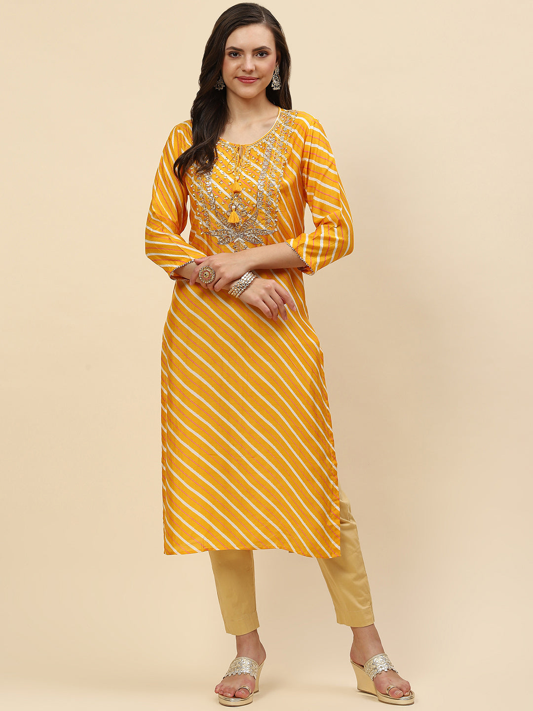Neck Embroidered &amp; Printed Muslin Kurta